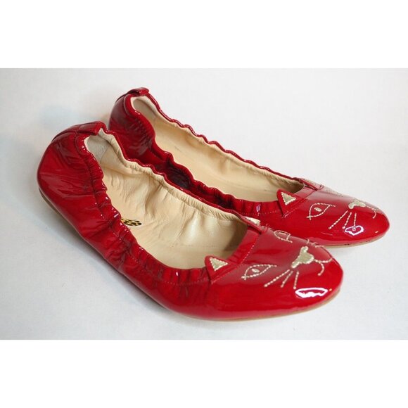 Charlotte Olympia Red Patent Leather Ballet Flats Gold Cat Embroidered, Size 9
